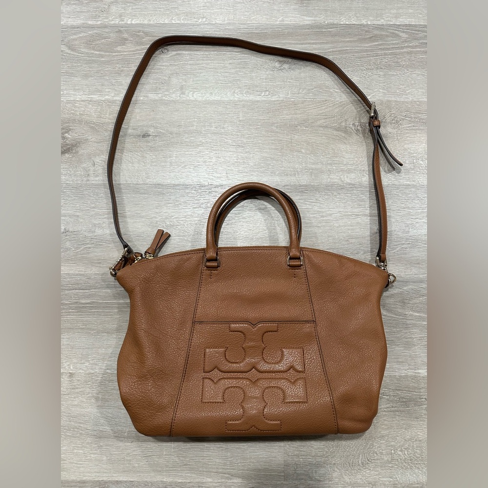 BGA29 Tory Burch Bombe T Brown Leather Double Handle Satchel With Sling